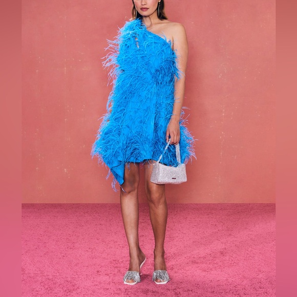 cult gaia Dresses & Skirts - Cult Gaia Eliana Dress Lake Blue Feather Embellished Size XS